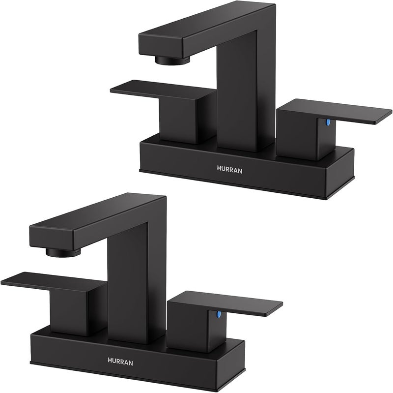 Hurran Matte Black Bathroom Sink Faucet, 4 inch Bathroom Faucets for Sink 3 Hole with Pop-up Drain and Supply Lines, Stainless Steel 2-Handle Faucet for Vanity RV Restroom, 2 Pack - Image 1